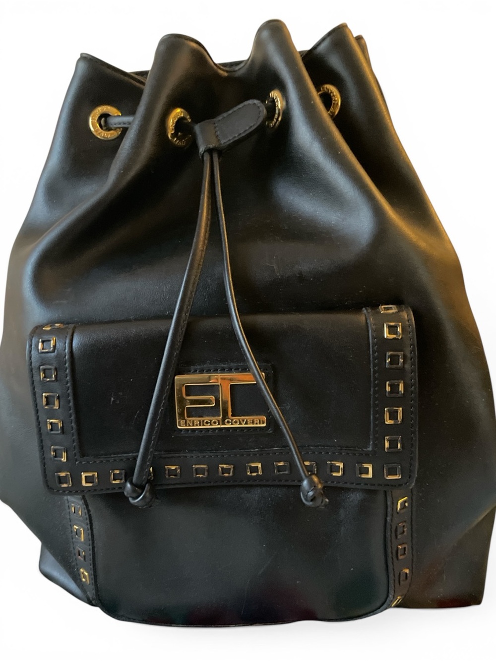 Enrico Coveri Vegan Leather Drawstring Backpack with Gold Accents